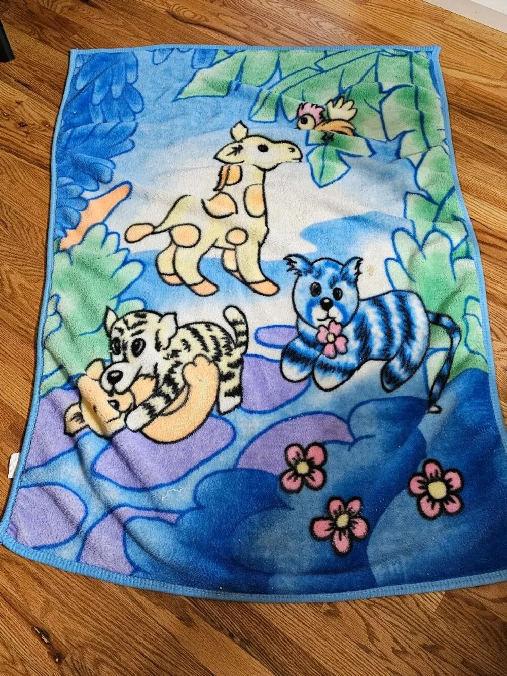 Vintage Blue Green Jungle Plush Baby Blanket Cat Giraffe Tiger Bird ANNS Trading